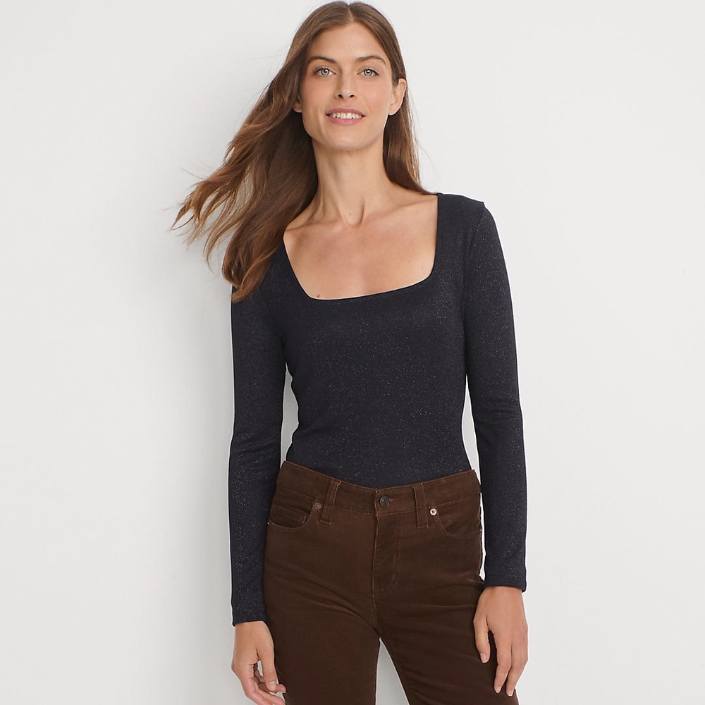 Lands End Women's Long Sleeve Rib Square Neck Shine Tee black metallic threads M